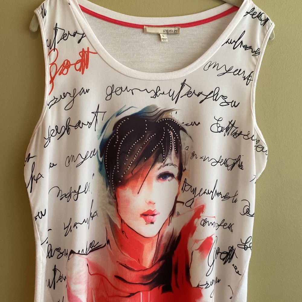 Atelier 29 White Embellished Tank Top Facial Profile popart Shark bite hem